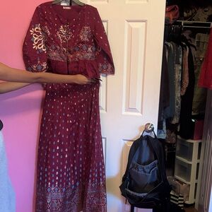 Elegant Maroon Embroidered Dress 2 piece set